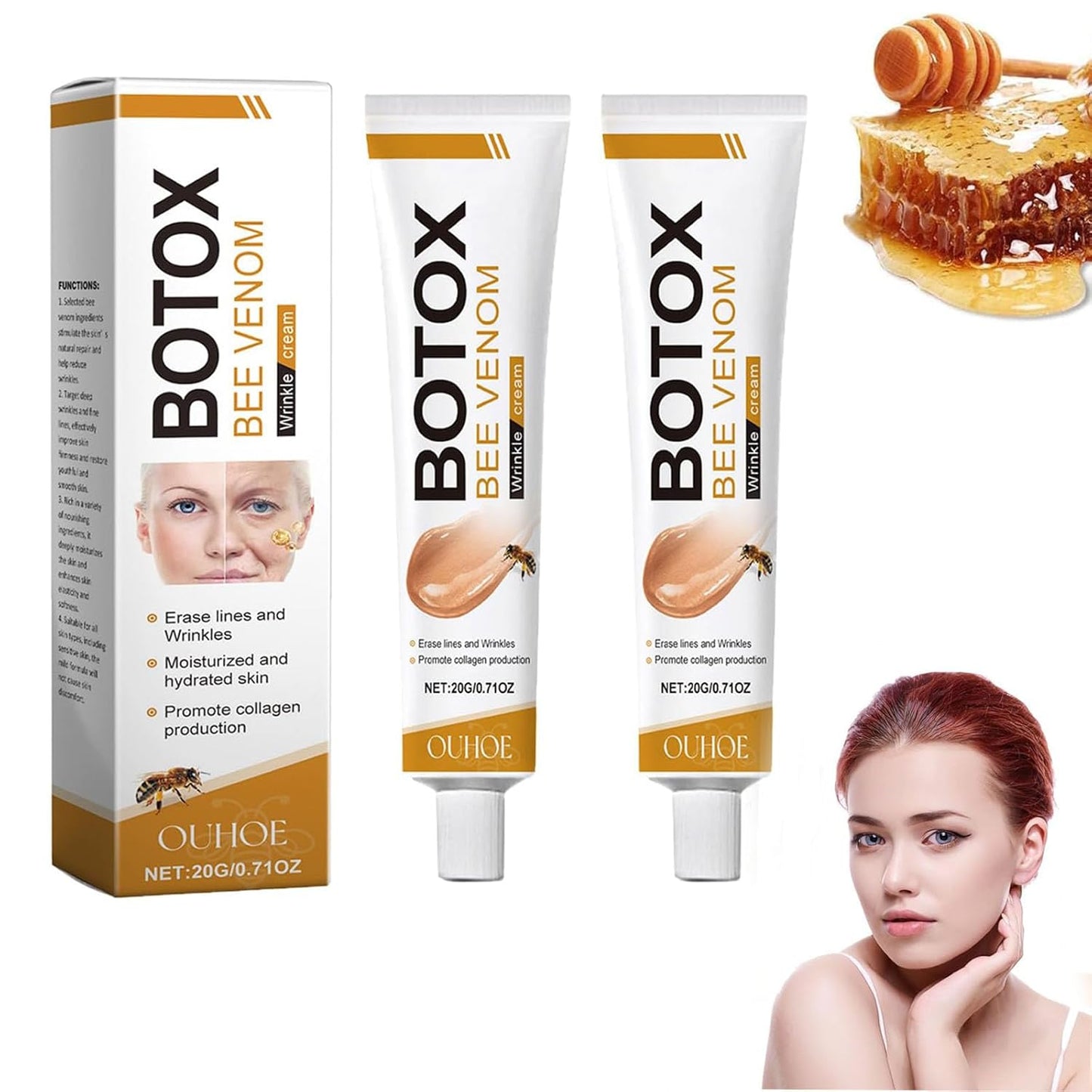 Botox Bee Venom Wrinkle Removal Cream, Bee Venom Anti-Wrinkle Firming Cream,Moisturizing, Lifting & Recovery - All Skin Types - Anti-Aging Bee Venom Cream (2Pcs)