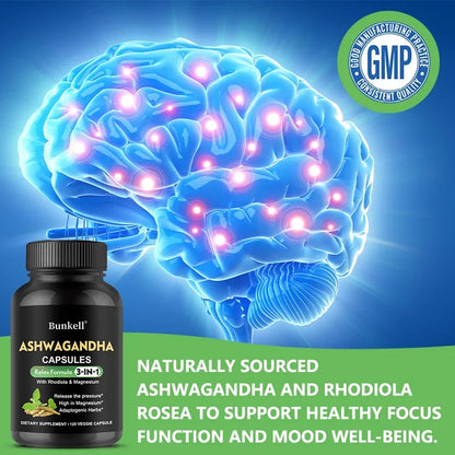 Ashwagandha Supplement with Magnesium and Rhodiola Rosea Extract-Calm & Focus Formula